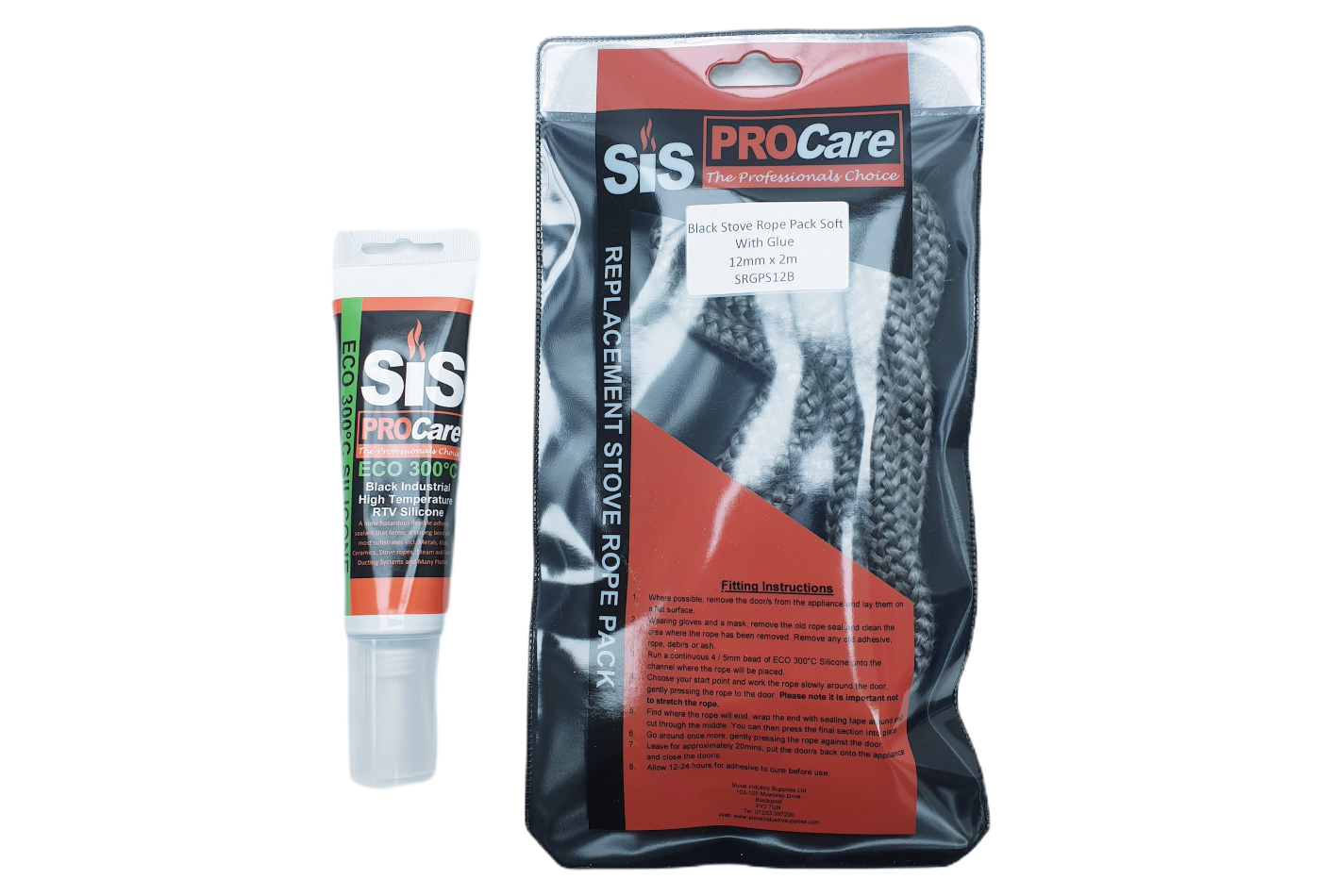 SiS Procare Black 12 milimetre x 2 metre Black Soft Stove Rope & 80 millilitre Rope Glue Pack - product code SRGPS12B