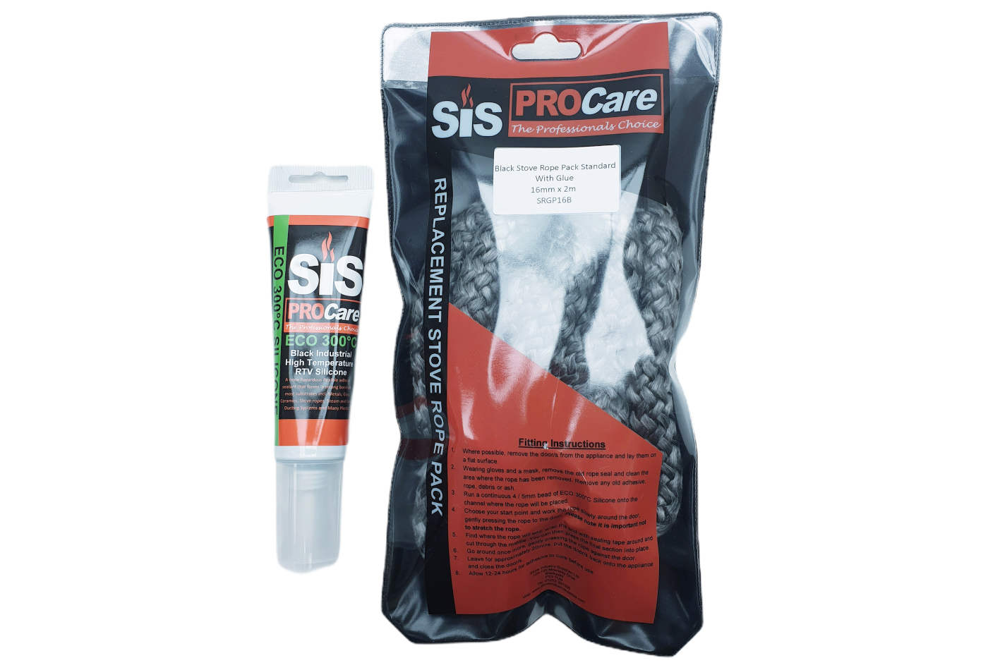 SiS Procare Black 16 milimetre x 2 metre Black Standard Stove Rope & 80 millilitre Rope Glue Pack - product code SRGP16B