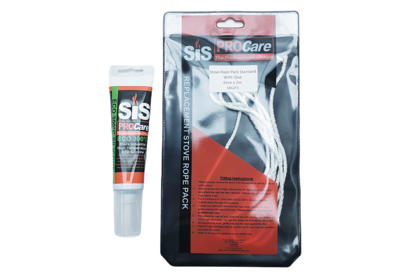 SiS Procare White 3 milimetre x 2 metre Standard Stove Rope & 80 millilitre Rope Glue Pack - product code SRGP3