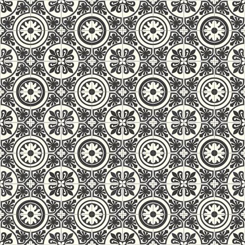 Renaissance Cushion Vinyl Flooring Vintage Tile Vivre 90 - Traditional Black, Grey & White Portuguese Eclectic Patchwork Tiled Floor