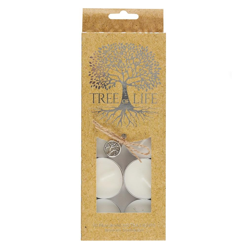 Pack of ten, scented Tree of Life white tealights in a window box, tied with string and a metallic tree of life charm.