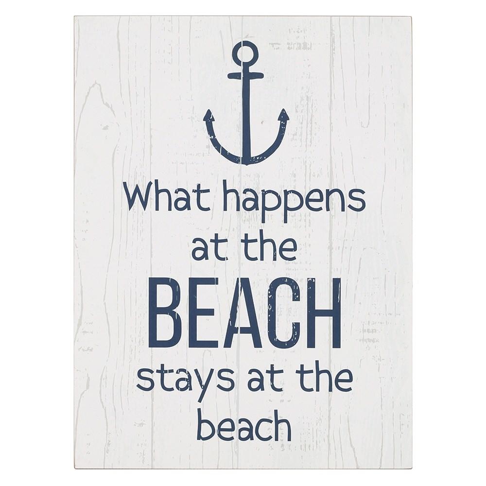 Decorative wall plaque with "What happens at the beach, stays at the beach" text, an anchor, and a rustic wood effect.