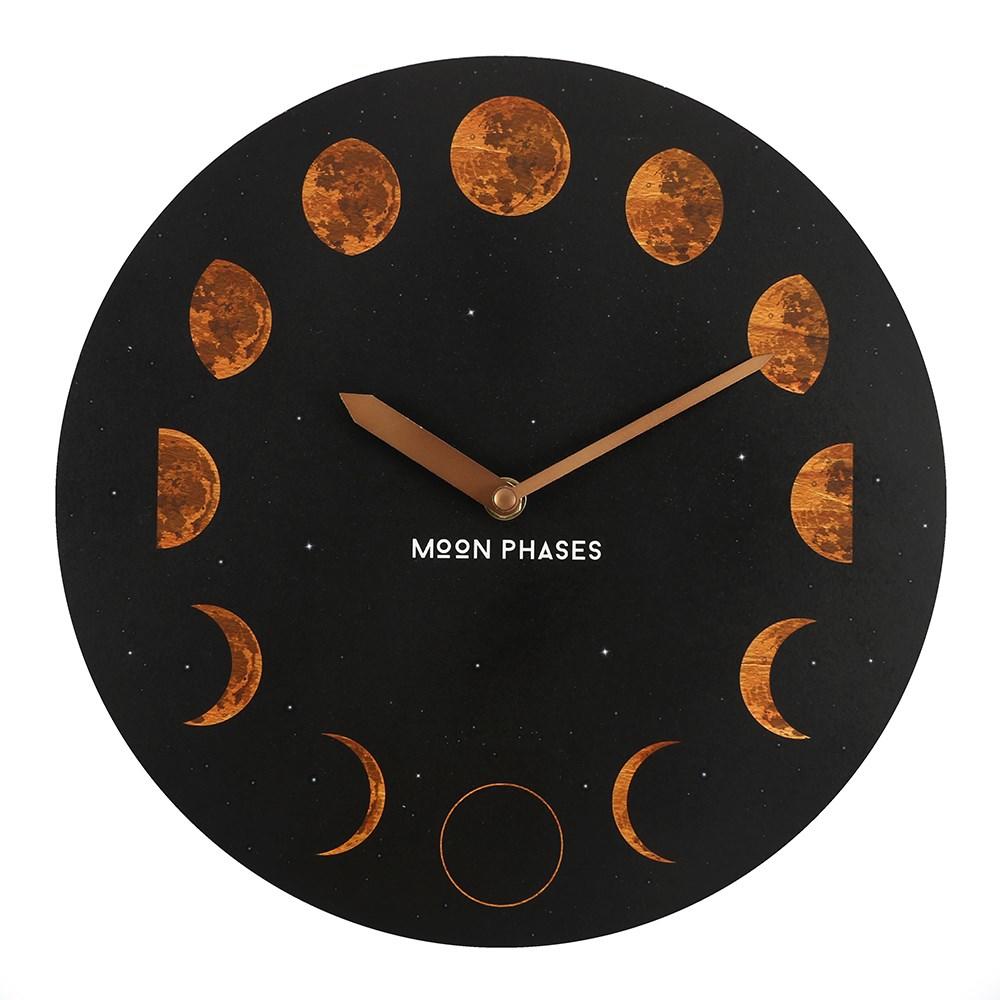 Round MDF black wall clock with moon phases design and 'moon phases' text in the middle.