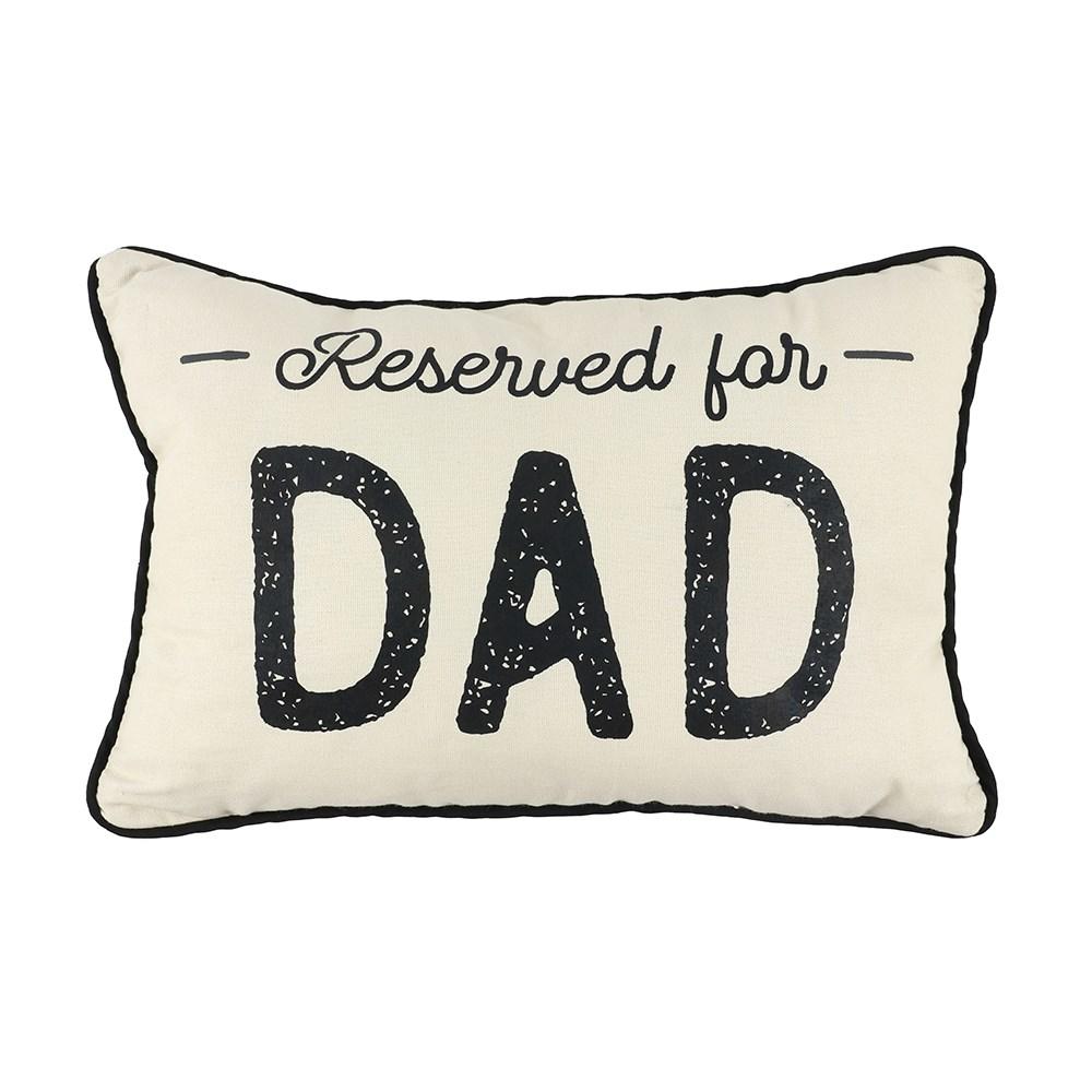 White rectangular canvas cushion with black piping trims border and 'Reserved for Dad' text.