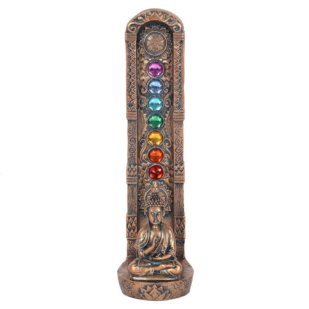 Bronze incense stick holder, featuring gems in the seven colours of the chakra & a meditating buddha, shown without stick.