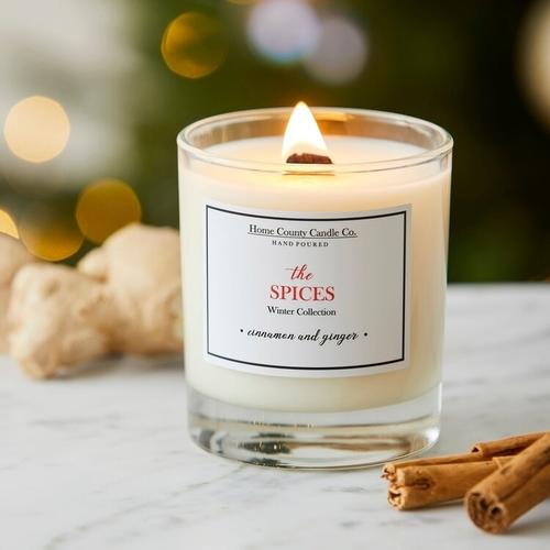 A single lit 'the spices' winter collection jar candle on a white marble worktop with two cinnamon sticks to the right.