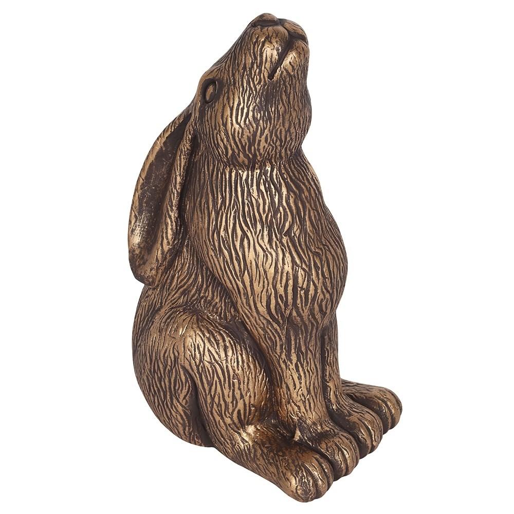 Diagonal view, Moon Gazing Terracotta Hare Ornament with a bronze coloured finish.