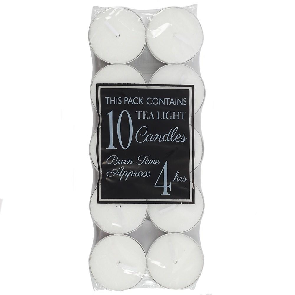Pack of ten unscented white tealight candles, shrinkwrapped and approximately four hours burn time.