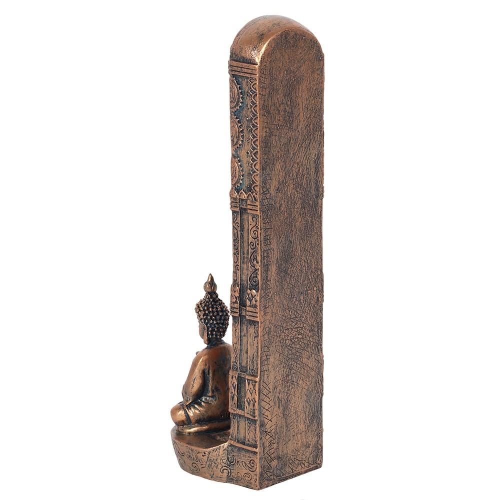 Rear view, Bronze standing incense stick holder, featuring gems in the seven colours of the chakra and a meditating buddha.