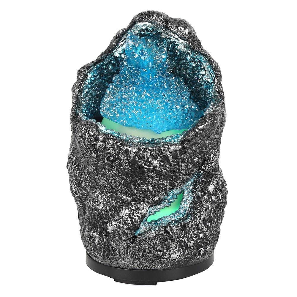Blue Crystal Cave Electric Aroma Diffuser, featuring a faux geode with inner blue crystal cave that glows from within.