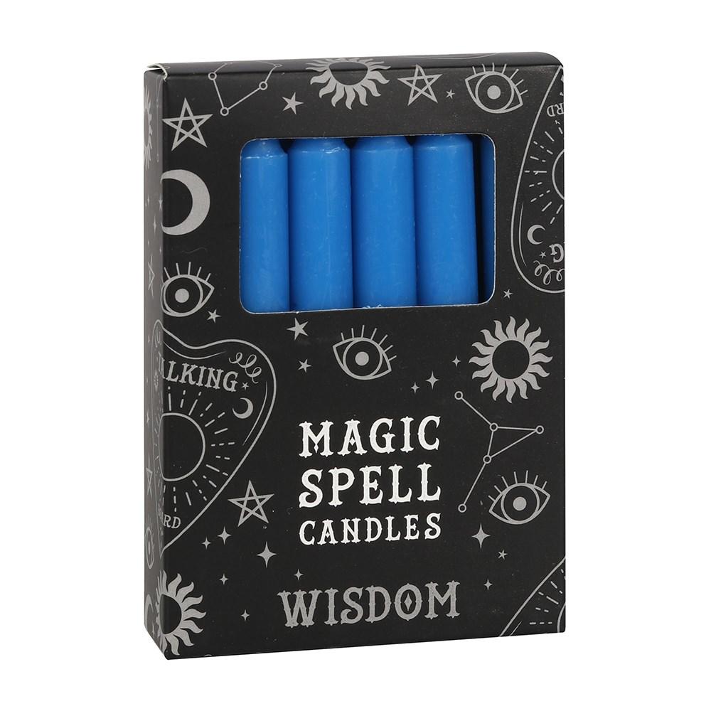 Pack of 12 dark blue 'wisdom' spell candles for use with rituals to attract wisdom.