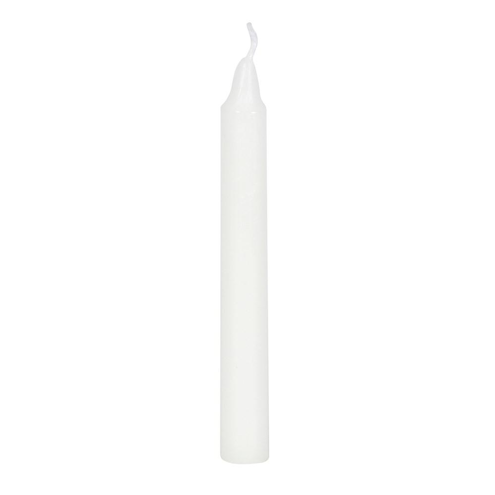 A single white 'happiness' spell candle for use with rituals to attract happiness, new beginnings and spiritual growth.