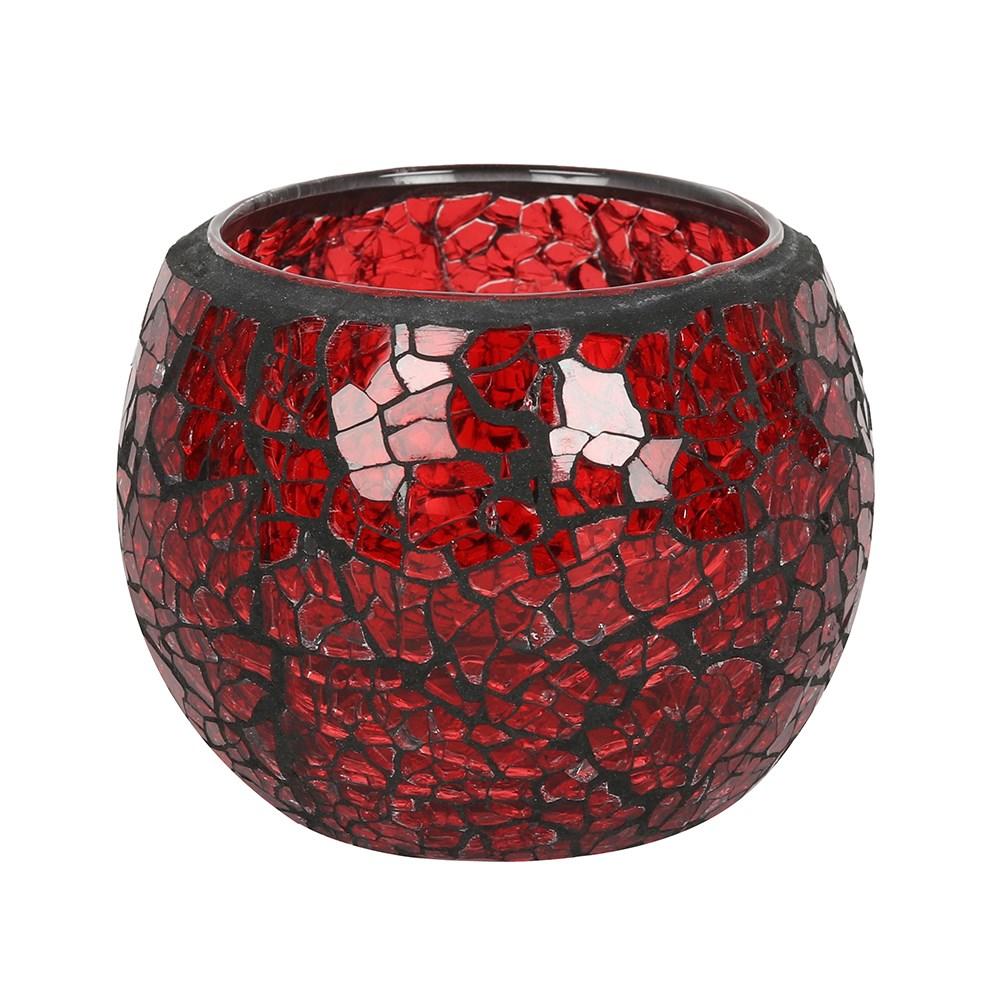 A single small red candle holder with a crackle effect and a subtle sparkle when it catches the light.