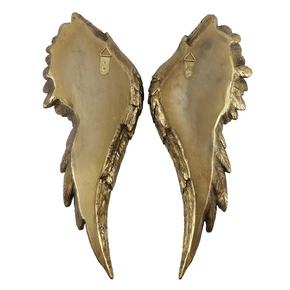 Large pair of angel wings for a wall, featuring an elegant antique gold finish, rear view shows hooks for hanging.