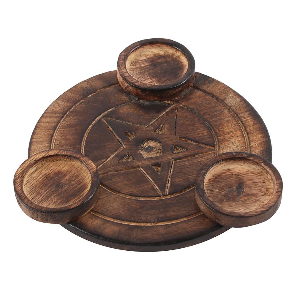Lovely wooden tealight candle holder featuring a pentagram star design, holds three tealights.