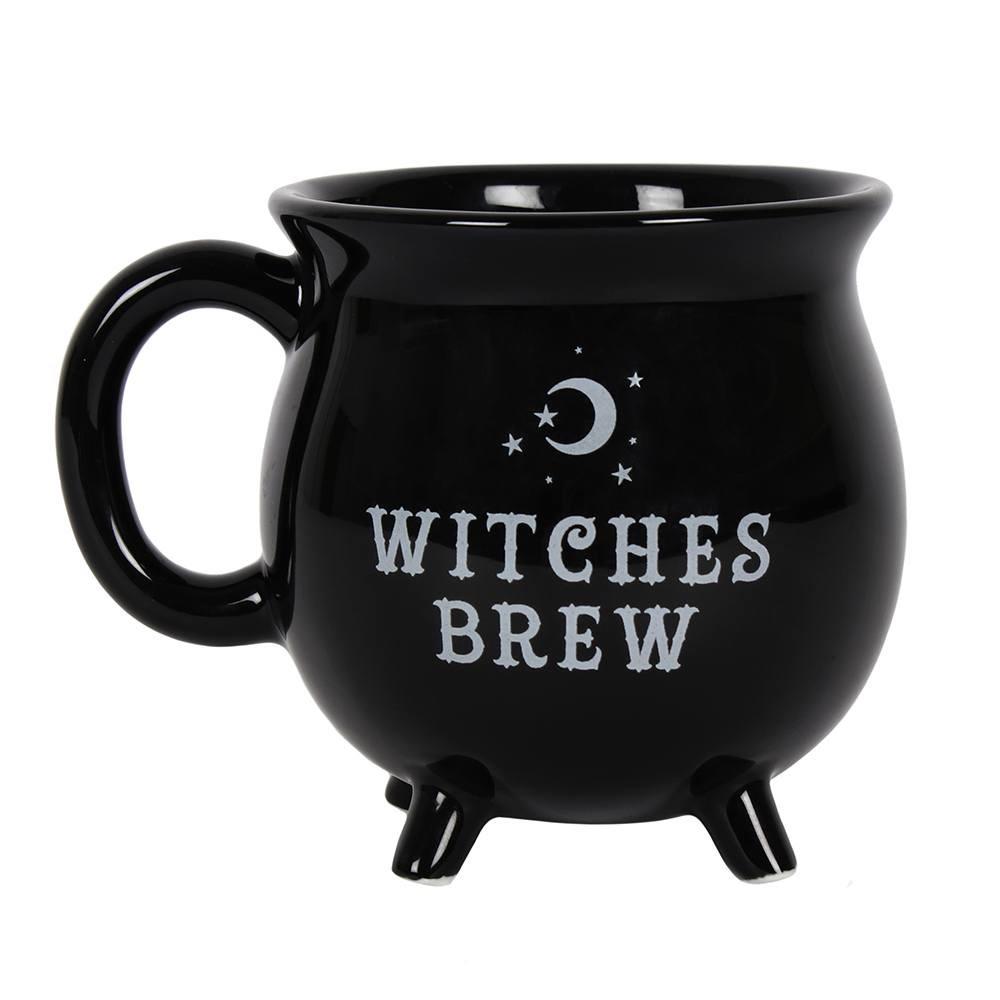 Black cauldron shaped mug with 'witches brew' text and a stars and moon design.