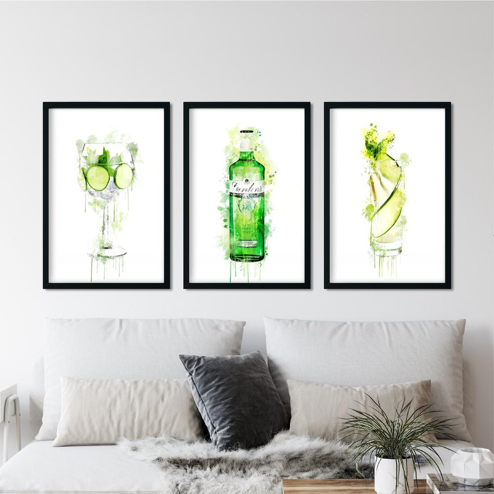 Set of 3, green gin design A4 wall prints, on a grey wall in a living room setting.