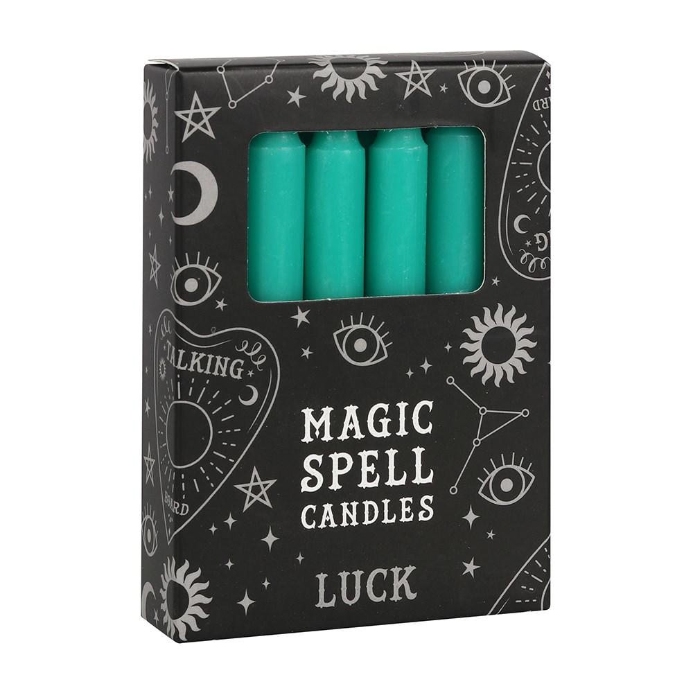 Pack of 12 green 'wisdom' spell candles for use with rituals to attract luck, money and even fertility.