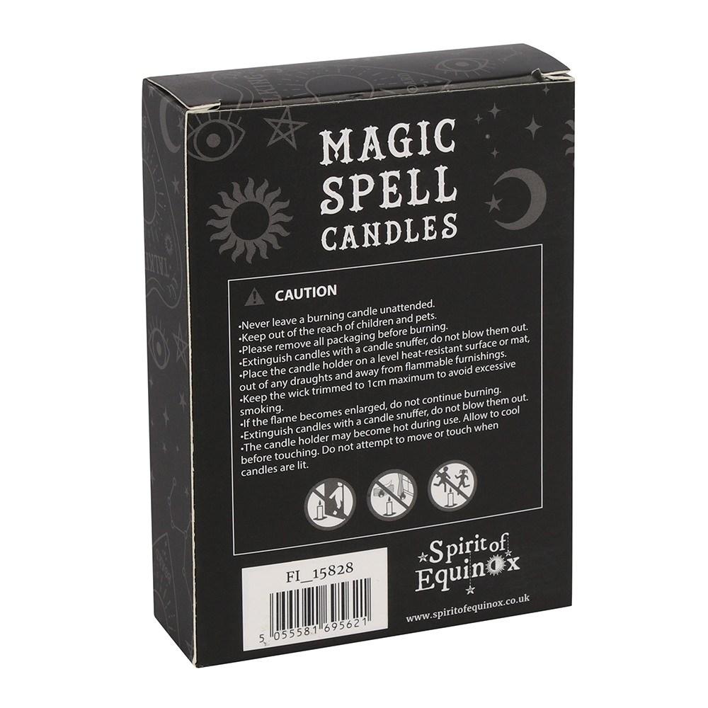 Pack of 12 dark blue 'wisdom' spell candles for use with rituals to attract wisdom, rear view of pack.