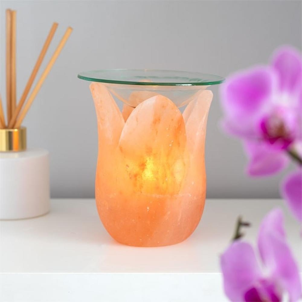 Tulip shaped himalayan salt oil burner holding a glass dish, with a reed diffuser to the left & purple flowers to the right.