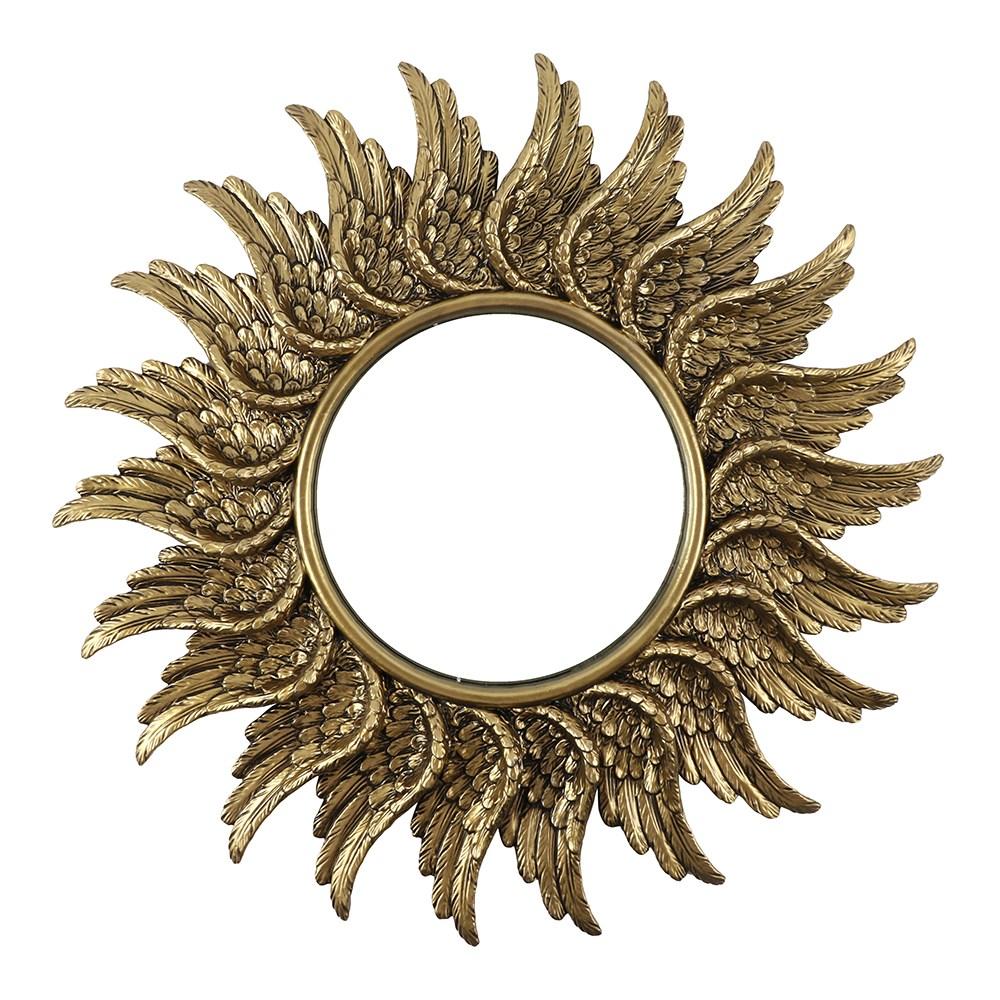 A wall mirror encircled by a halo of angel wings and featuring an antique gold finish.