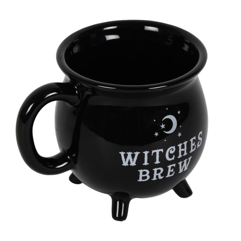 Black cauldron shaped mug with 'witches brew' text and a stars and moon design, above diagonal view.