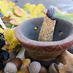 A single burning palo santo incense cone inside a patterned clay bowl holder, surrounded by oak leaves and acorns.
