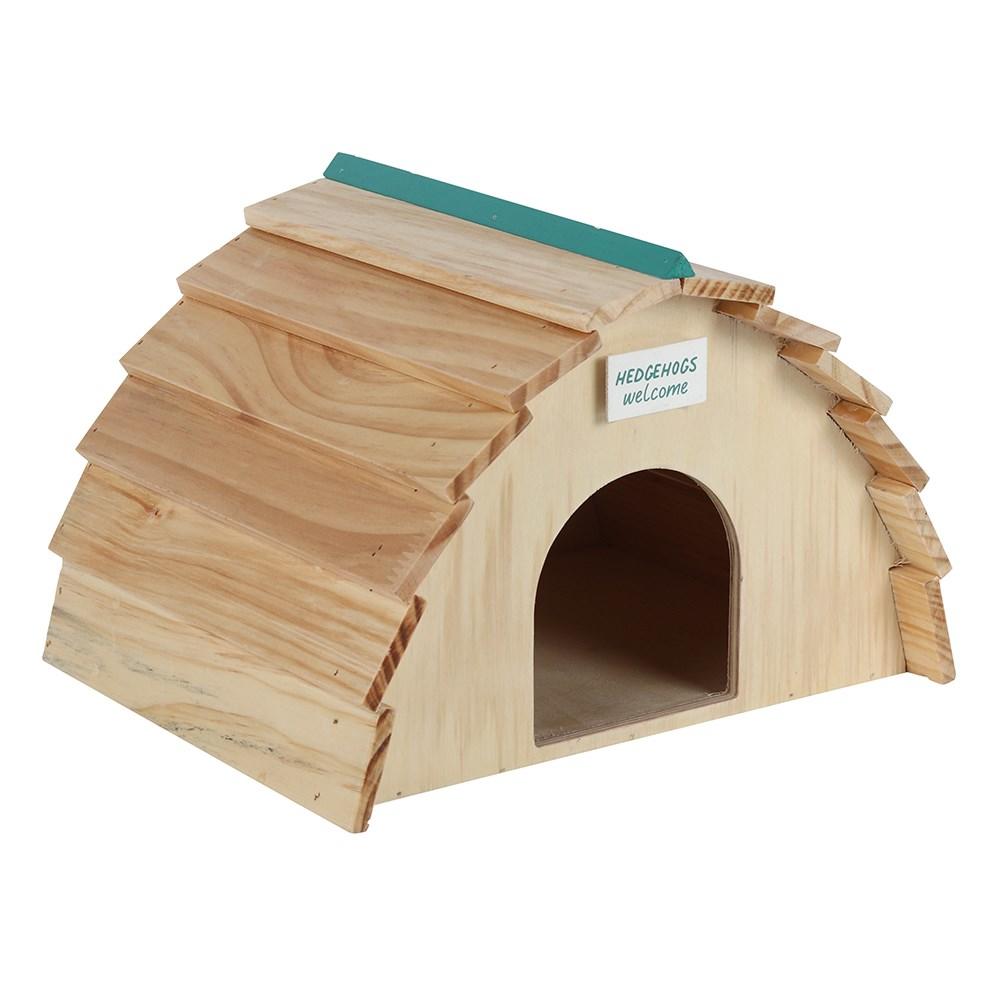 Wooden semi-circle hedgehog house, featuring a sign that reads 'Hedgehogs Welcome' and an opening, side view.