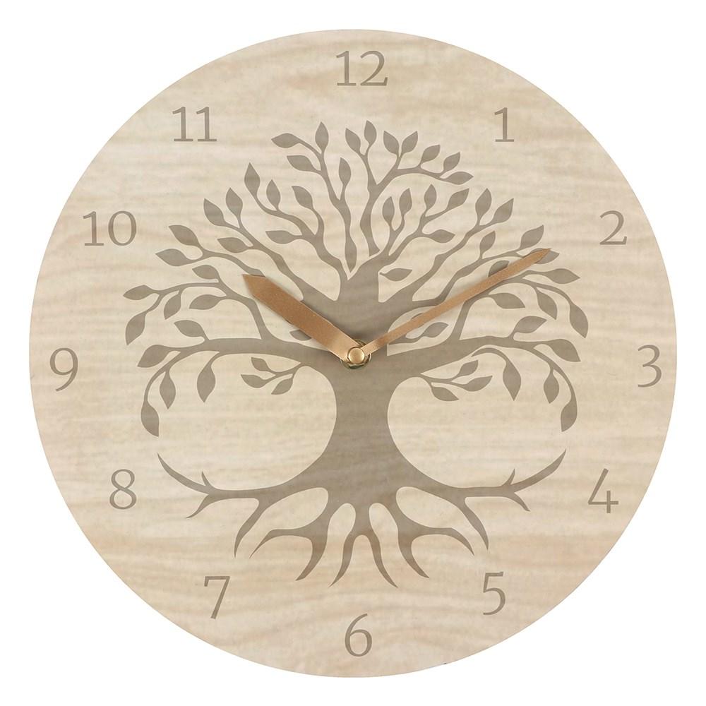 A 29cm round MDF clock featuring a light brown tree of life silhouette on a wood effect background.