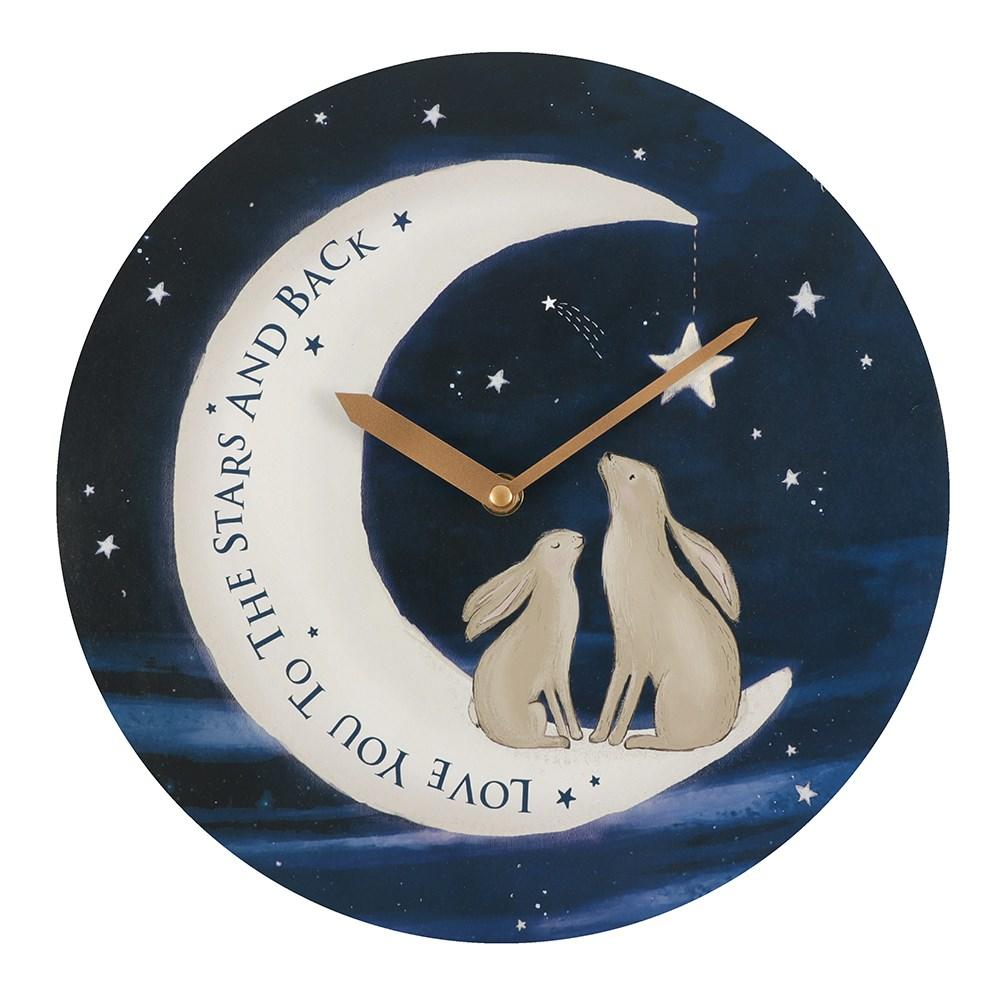 Round wall clock with a starlit night sky design and two rabbits sat on a moon that reads 'Love you to the stars and back'.