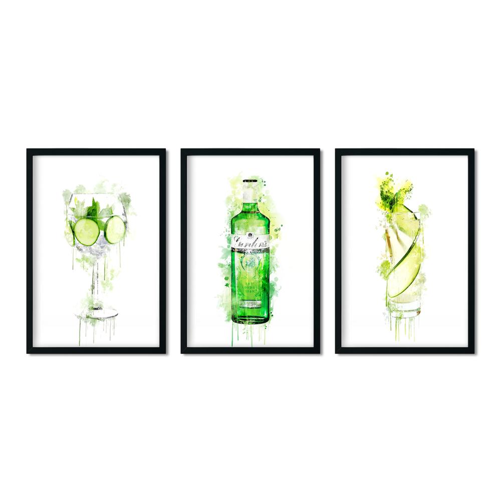 Set of 3, green gin design A4 wall prints.