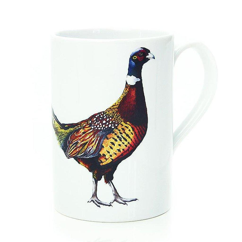 A beautiful white porcelain mug with a hand painted pheasant on the front