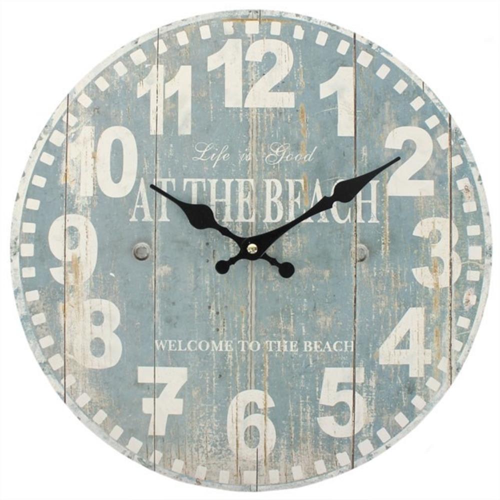 Distressed Look Blue beach Wall Clock with white numbers, a round wooden 34cm shabby chic clock in a beach design.