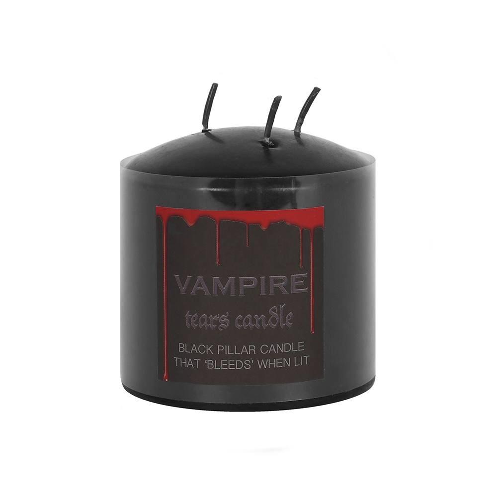 Vampire tears 7.5cm black pillar candle that 'bleeds when lit', the 3 wicks cause a bright red coloured wax to melt & drip.
