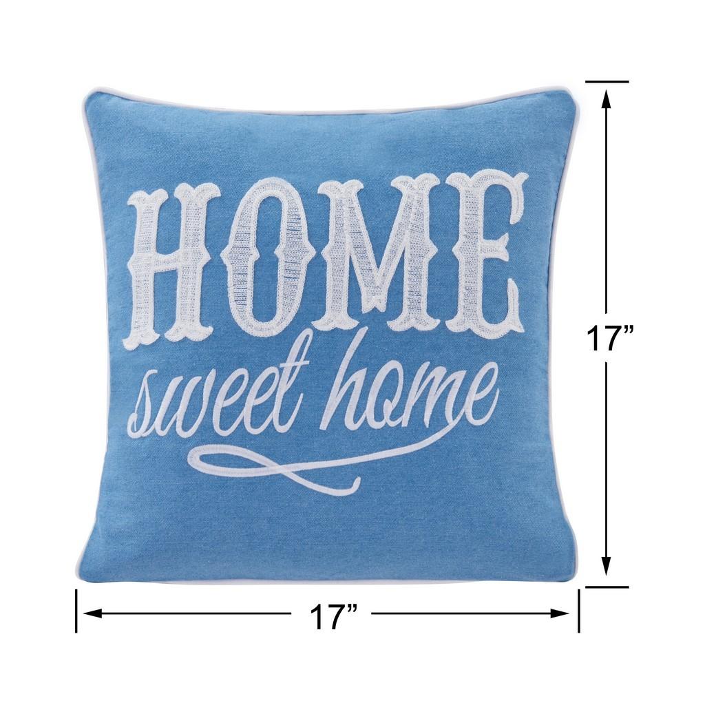 Blue cotton embroidered throw cushion with white piping trims boarder and 'Home sweet home' text, 17'' by 17''