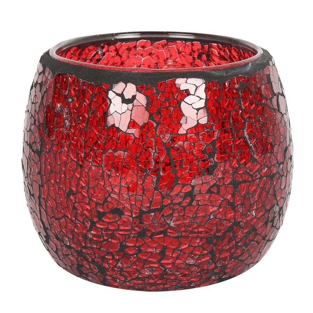 A single large red candle holder with a crackle effect and a subtle sparkle when it catches the light.