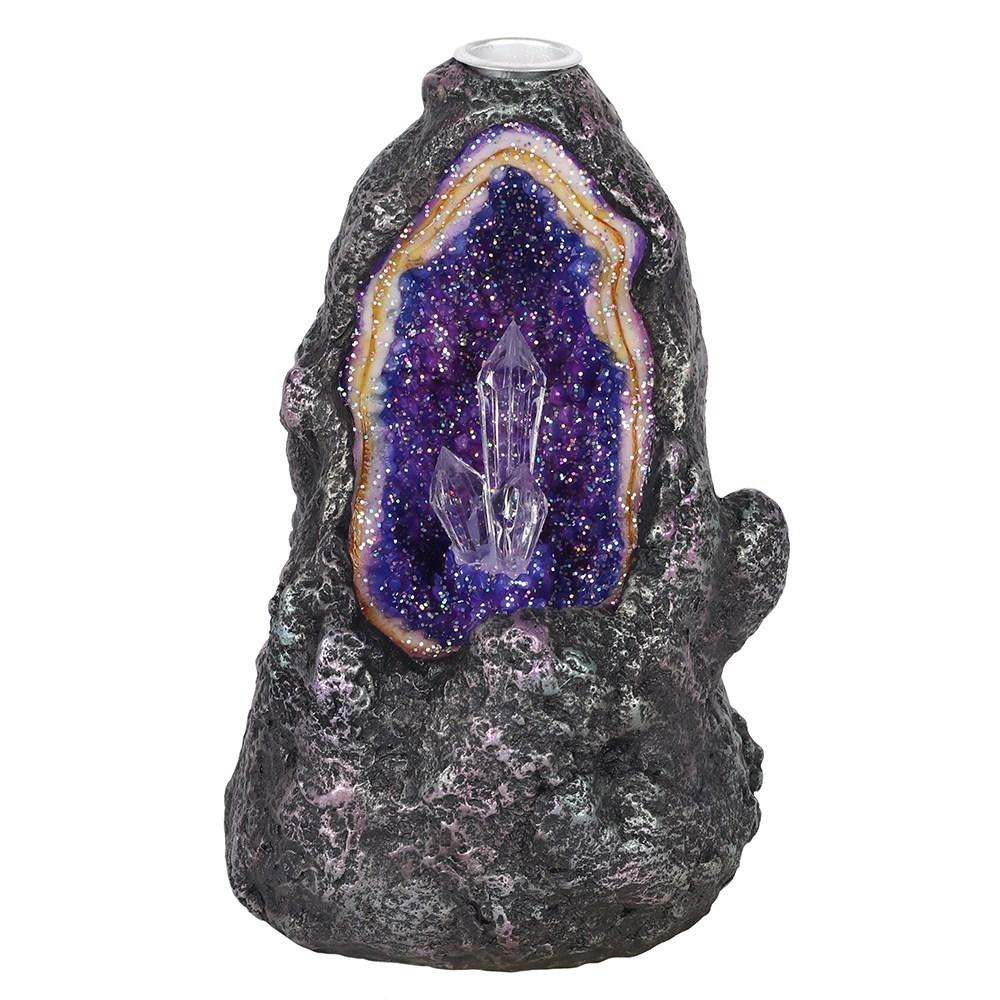 Glowing crystal cave backflow incense burner, colour changing crystals in a geode-like opening, shown without incense cone.