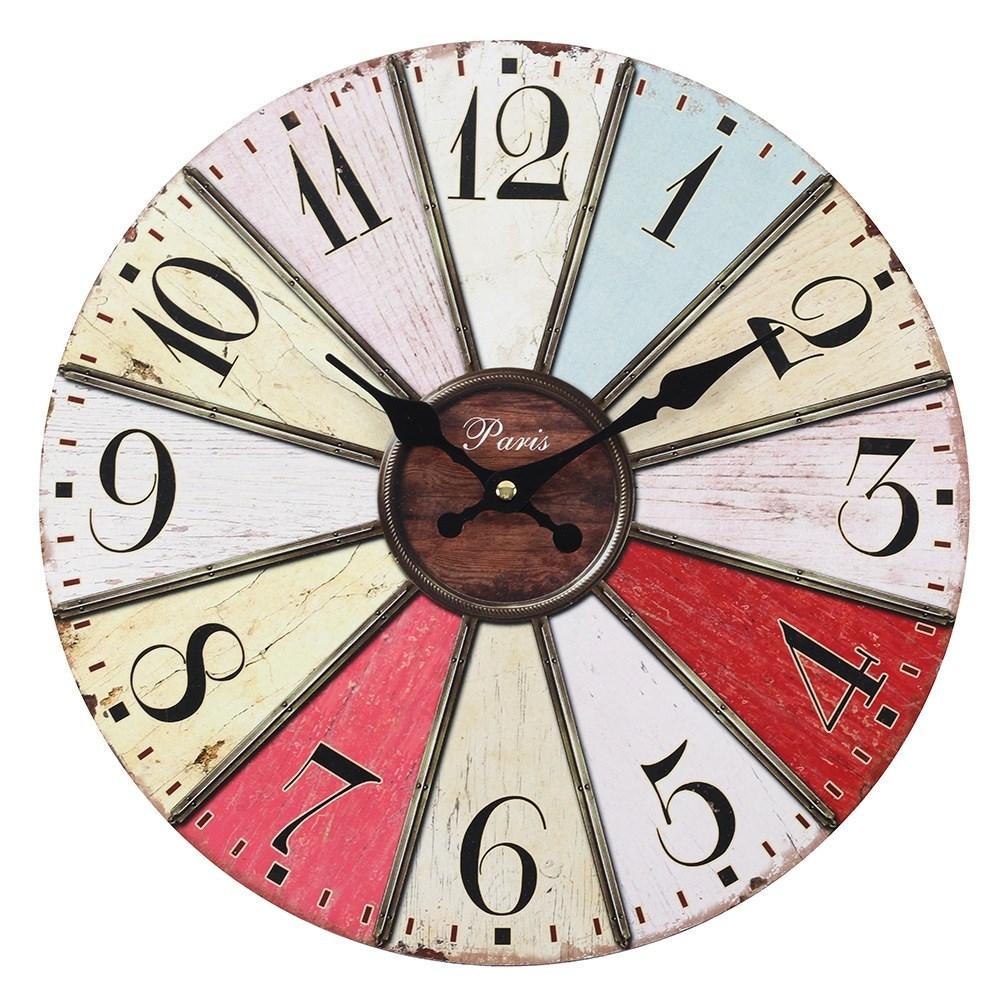 A multicoloured vintage style shabby chic wall clock with 'paris' text, 30cm in diameter.