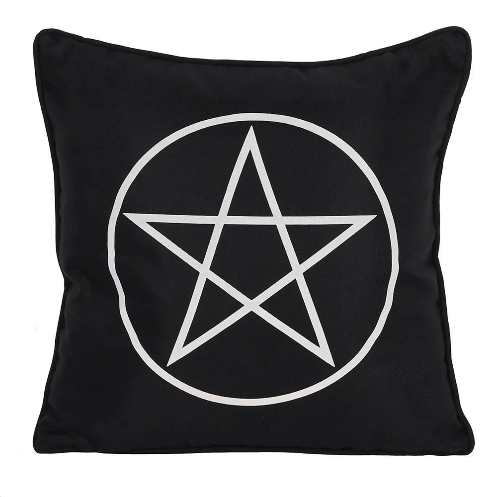 Black square cushion with single white pentagram design.