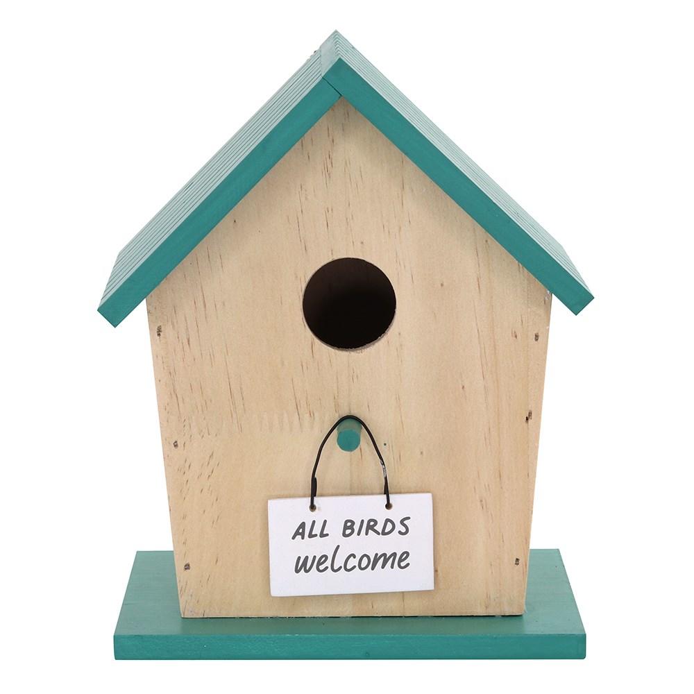 Wooden birdhouse with 'All Birds Welcome' text, blue roof and base.