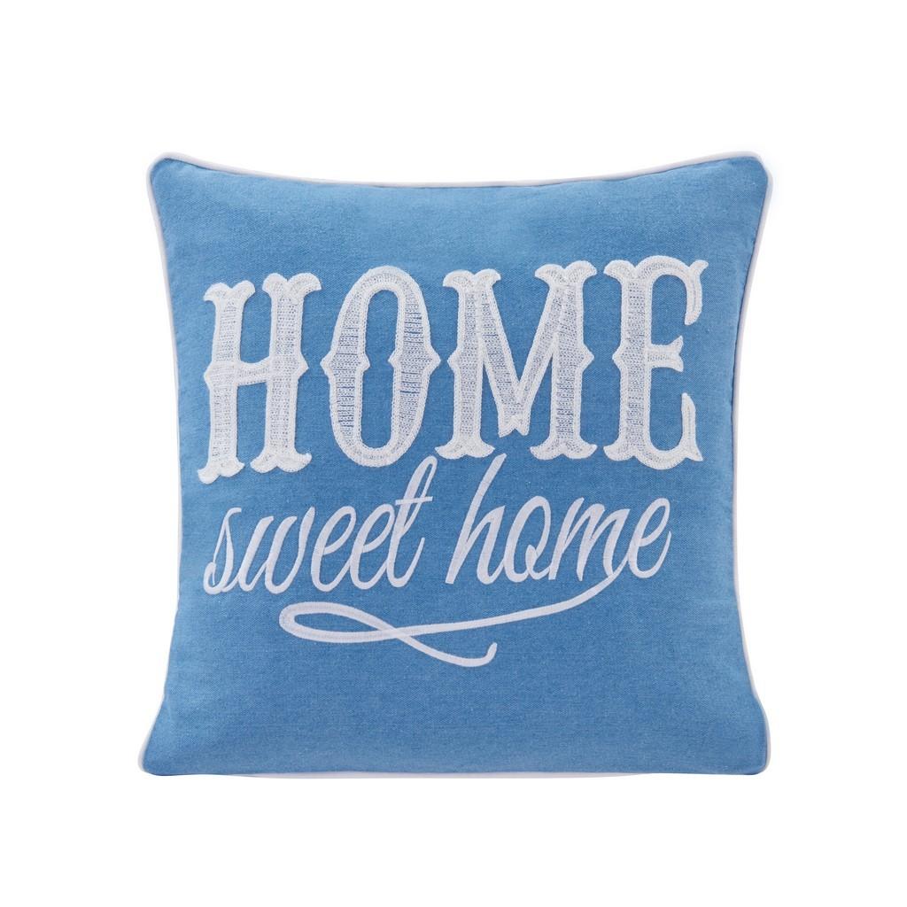 Cotton embroidered throw cushion in blue with white piping trims boarder and 'Home sweet home' text.