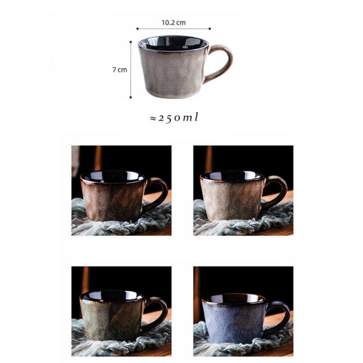 Handmade retro ceramic mugs measurements: red, light grey, dark grey and blue.