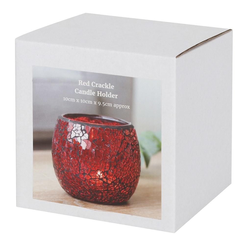 Shown in box, a Large red candle holder with a crackle effect and a subtle sparkle when it catches the light.