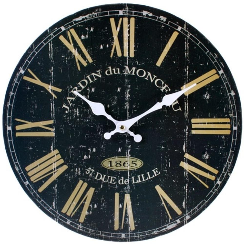 A round black and gold wooden shabby chic clock with a vintage french design amd roman numerals, 34cm Diameter.