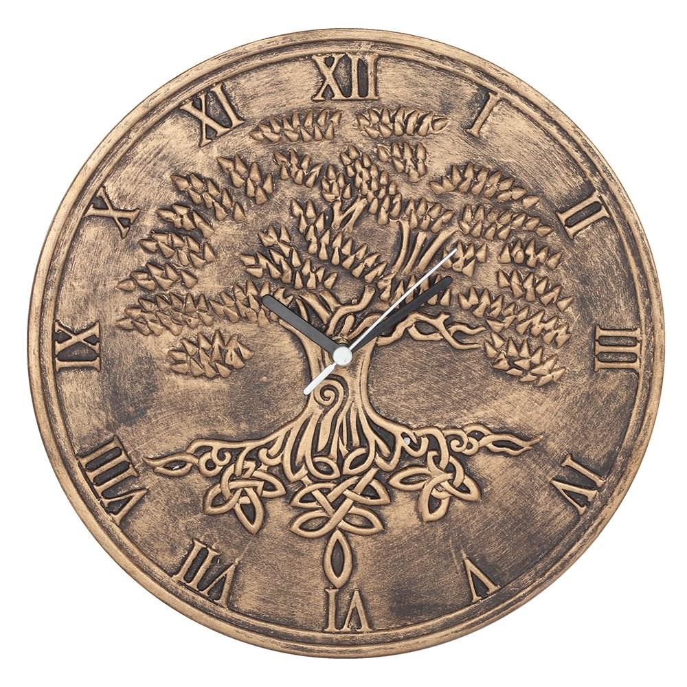 Stunning terracotta wall clock with tree of life design & its roots intertwining in celtic knots, with a bronze-like effect.