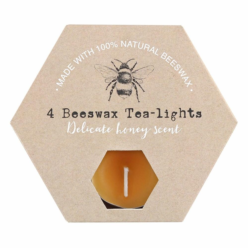 Set of 4 100% natural beeswax tealights, presented in a hexagonal box reminiscent of honeycomb with a delicate honey scent.
