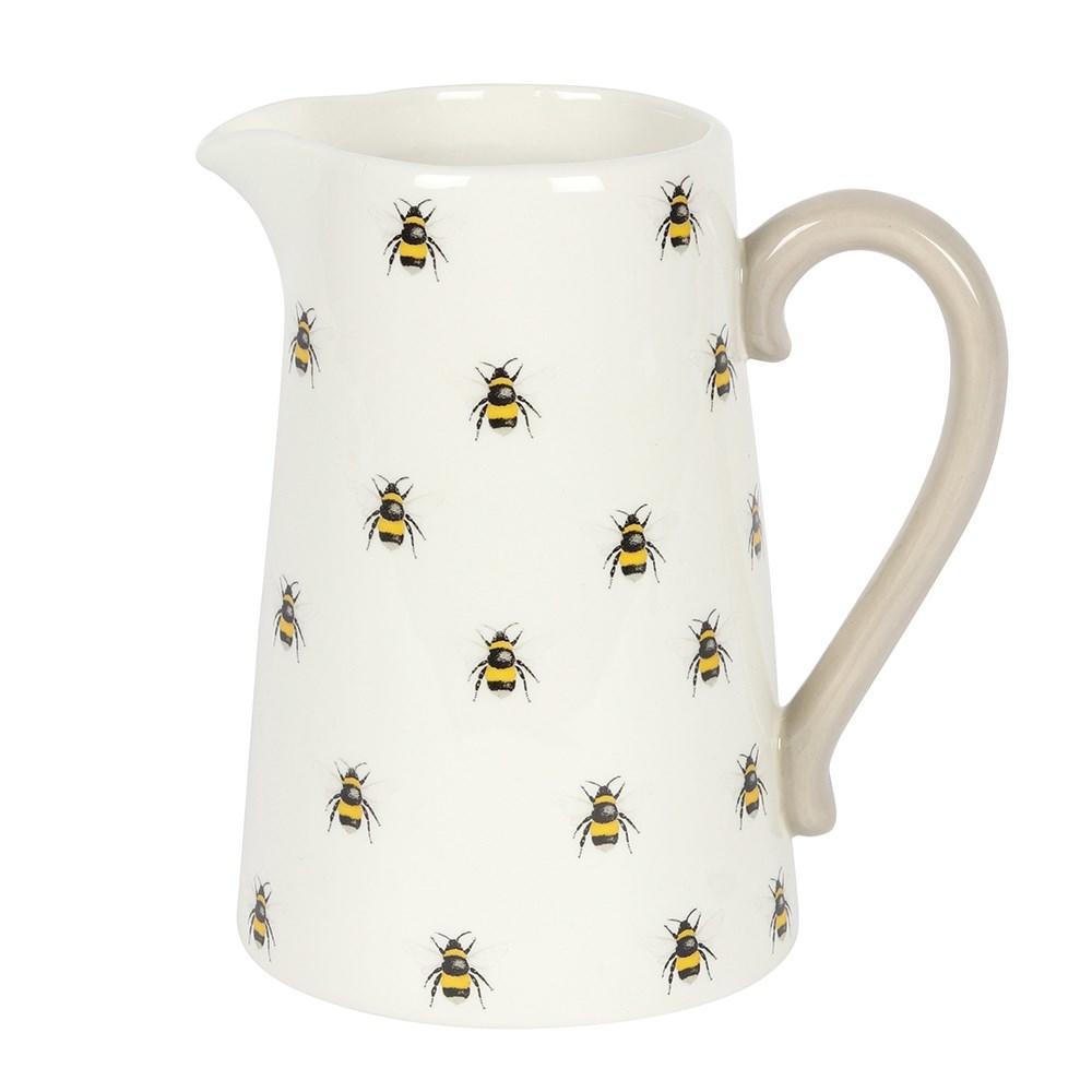 A white ceramic flower jug featuring an all over bee print and a grey contrasting handle.