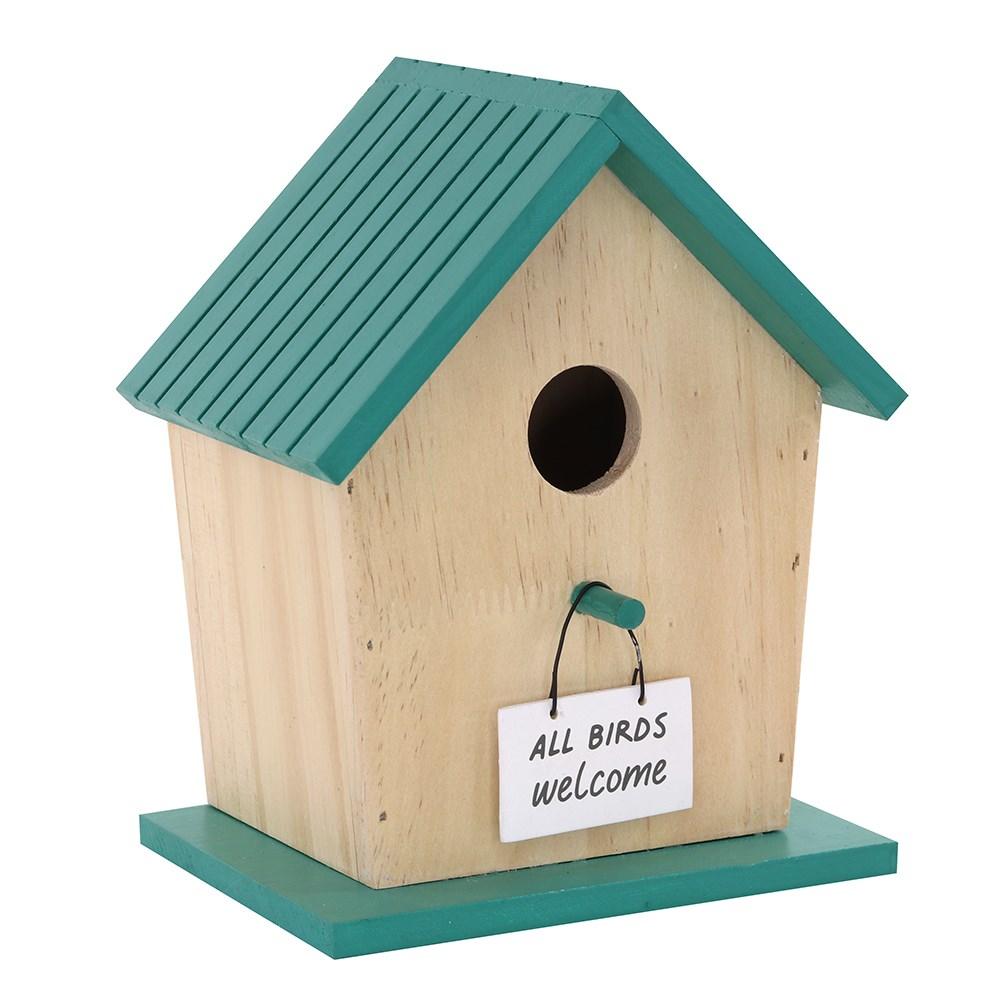 Wooden birdhouse with 'All Birds Welcome' text, blue roof and base, diagonal view.