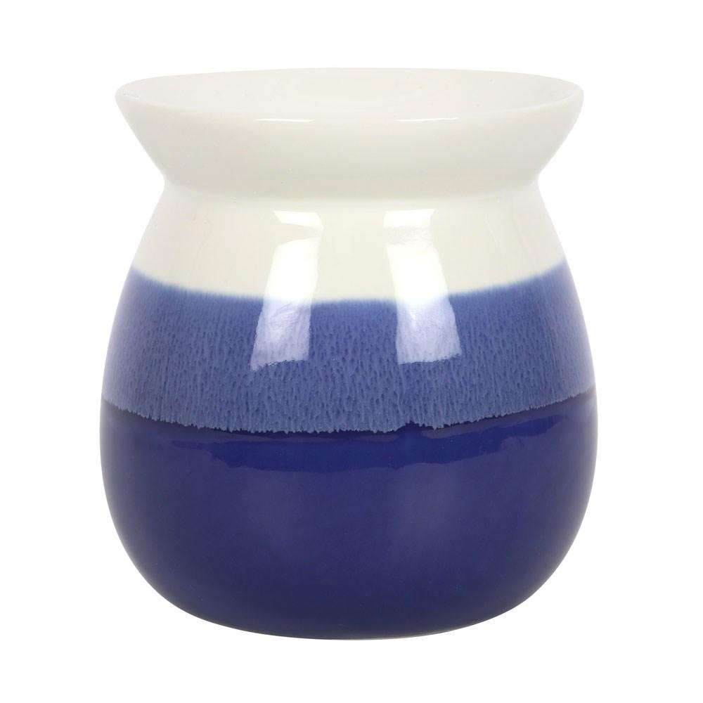 Blue and white reactive glaze oil burner and wax warmer, rear view.