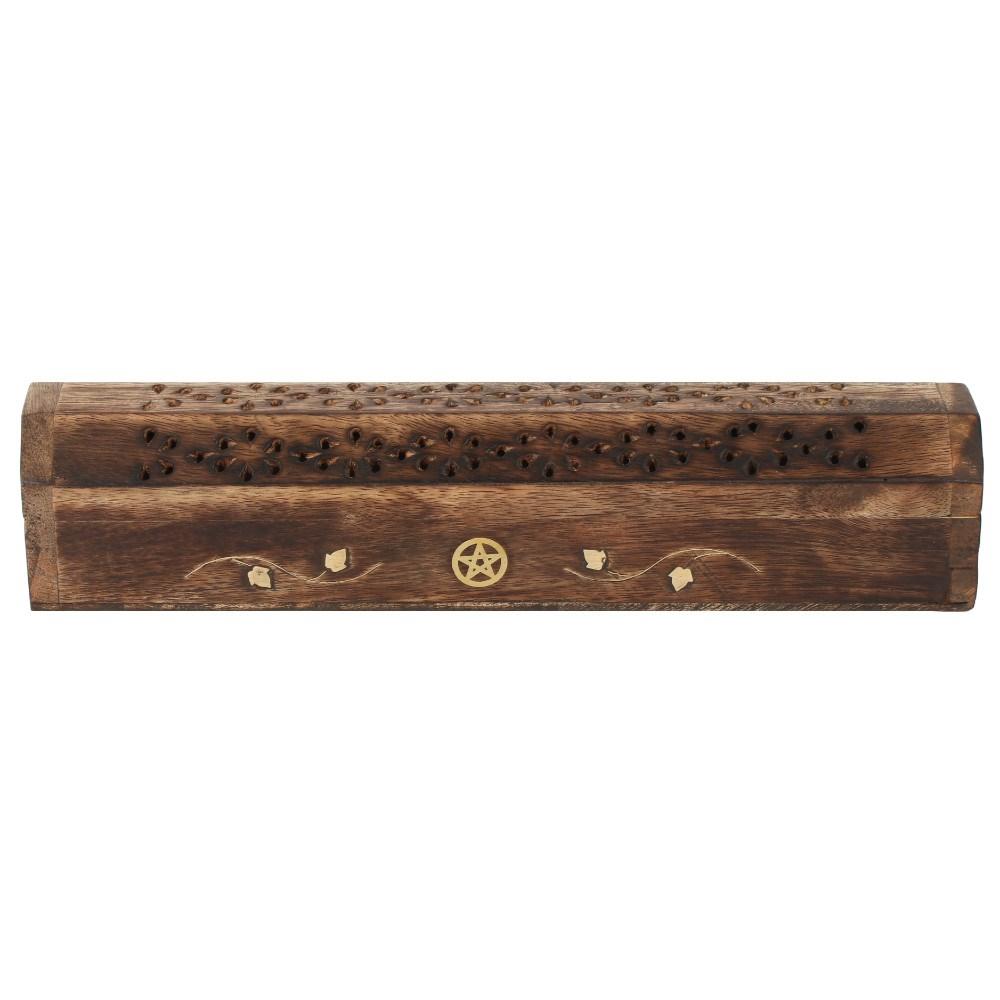 Mango wood incense box with brass pentagram inlay detail and carved design on the top.